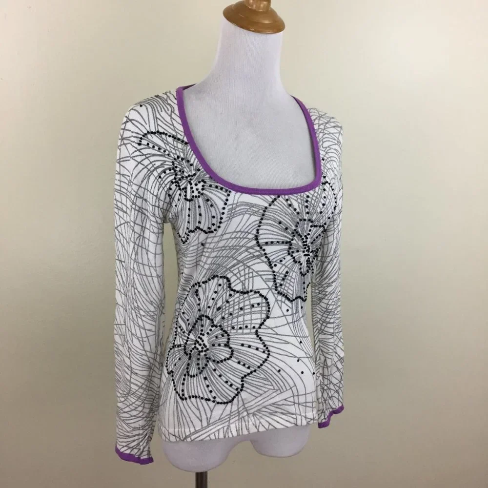 BCBGMAXAZRIA White Black Beads Floral Print Purple Trim Silk Blend Sweater - Picture 4 of 15